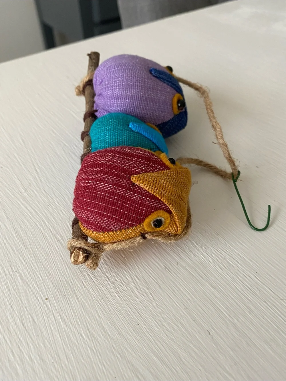 Colorful Fabric Owl Trio on a Branch Hanging Ornament - Farmhouse Rustic